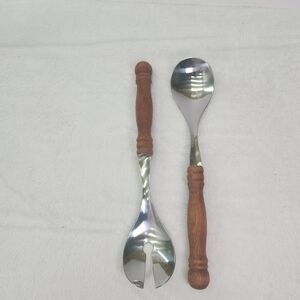 Vintage Wooden Handle Stainless Steel Salad Server Set 11"